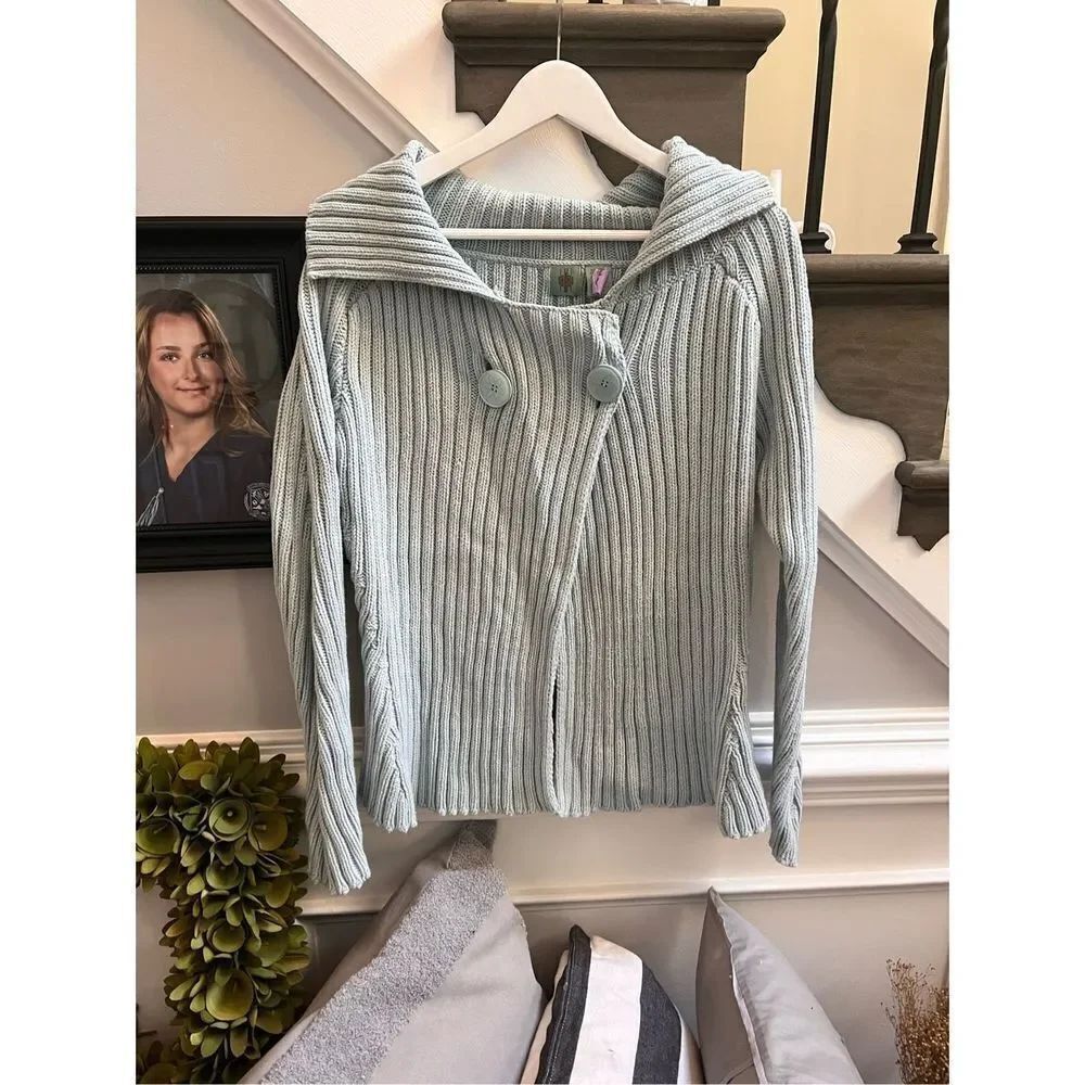 Anthropologie Light Blue Shawl Collar Double Button Cardigan Sweater sz L EUC
